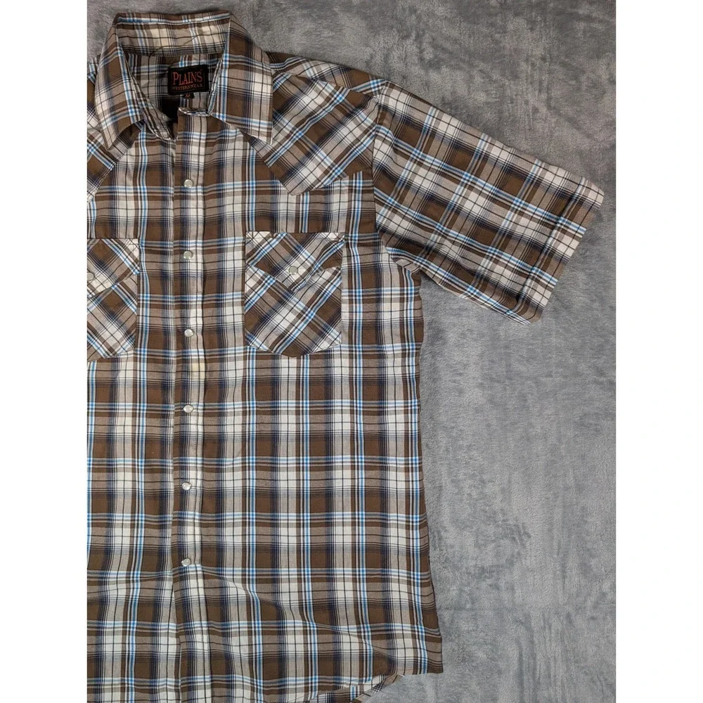 Plains Western Wear Mens Brown Blue Plaid Short Sleeve Pearl Snap Shirt Medium - Picture 2 of 12